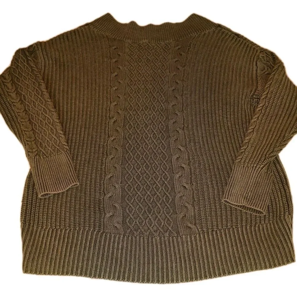 Aerie Women's Green Cable Knit V-Neck Slouchy Long Sleeve Sweater Size Small